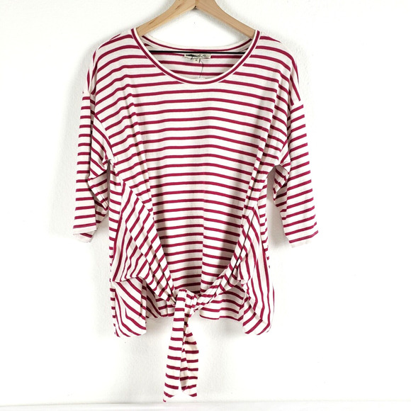 NEW! Express One Eleven SIZE M Red Pink White Stripe Tie Front Blouse 3/4 Sleeve - Picture 2 of 11